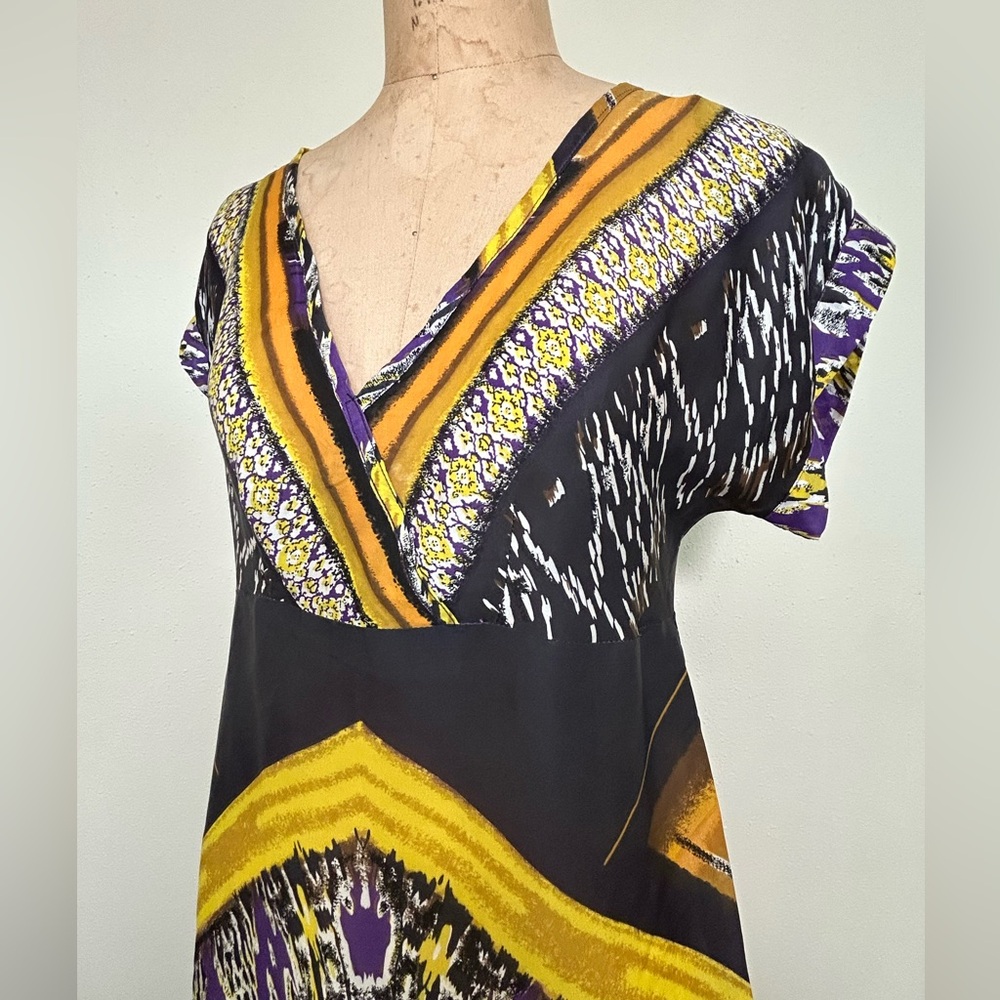 Kenar Dress Women's XL Purple Yellow Tribal Print V-Neck Silk Cap Sleeve Midi - Picture 6 of 9